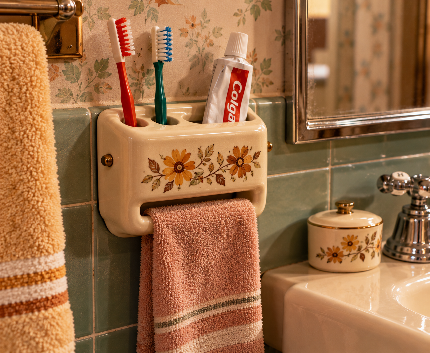 Two toothbrushes and a Colgate toothpaste tube in a floral ceramic holder with a pink towel, on a vintage-style bathroom wall with green tiles and a floral container beside the sink.