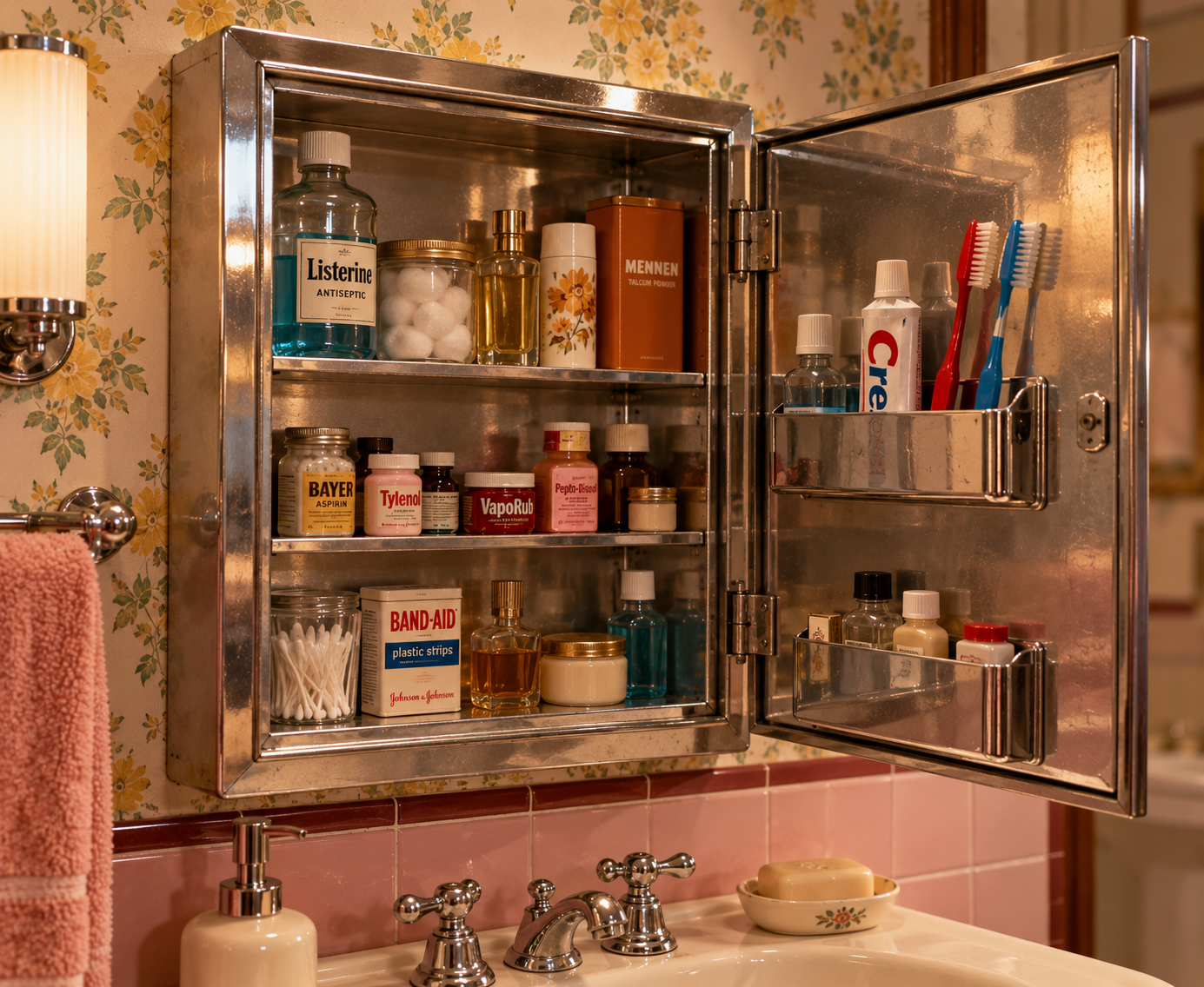 Open metal medicine cabinet above a bathroom sink, containing various toiletries, medications, toothbrushes, toothpaste, and personal care items, with floral wallpaper and pink tile in the background.