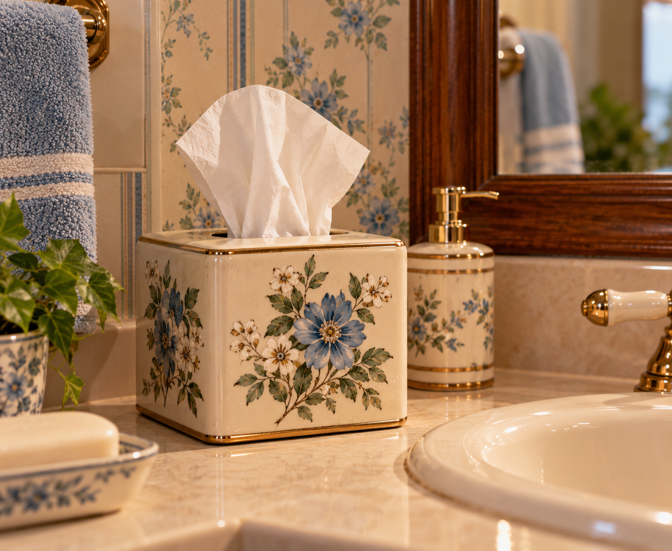 A tissue box with blue floral patterns sits on a bathroom counter next to a soap dispenser, hand towel, and a small plant, with a sink and mirror nearby.