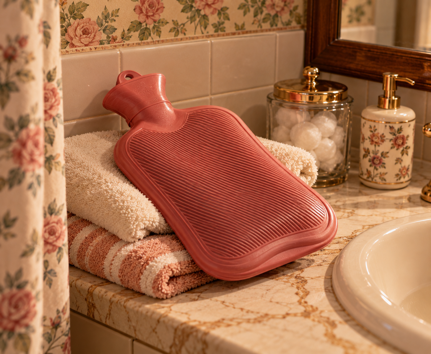 A red rubber hot water bottle rests on folded towels beside a bathroom sink, with a glass jar of cotton balls and soap dispenser nearby.