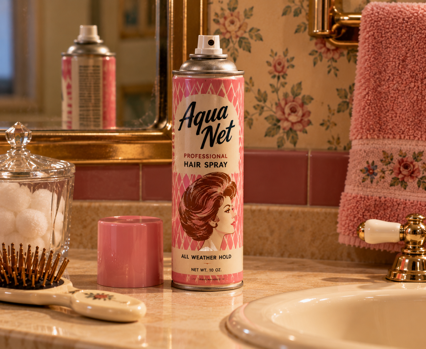 A can of Aqua Net hairspray sits on a bathroom counter near a pink cup, a hairbrush, cotton balls in a jar, and a pink towel, with floral wallpaper in the background.