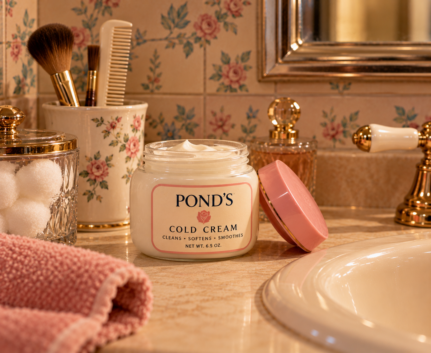 A jar of Pond’s Cold Cream with its lid off sits on a bathroom counter, surrounded by a pink towel, cotton balls in a jar, makeup brushes, and vintage floral decor.