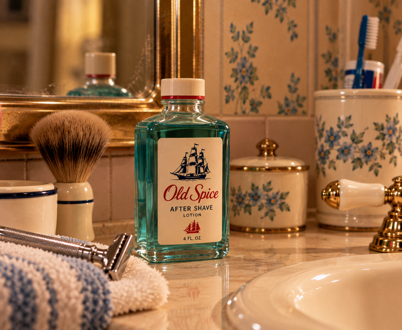 A bottle of Old Spice after shave lotion sits on a bathroom counter next to a shaving brush, razor, and floral-patterned containers, with a sink and faucet visible.