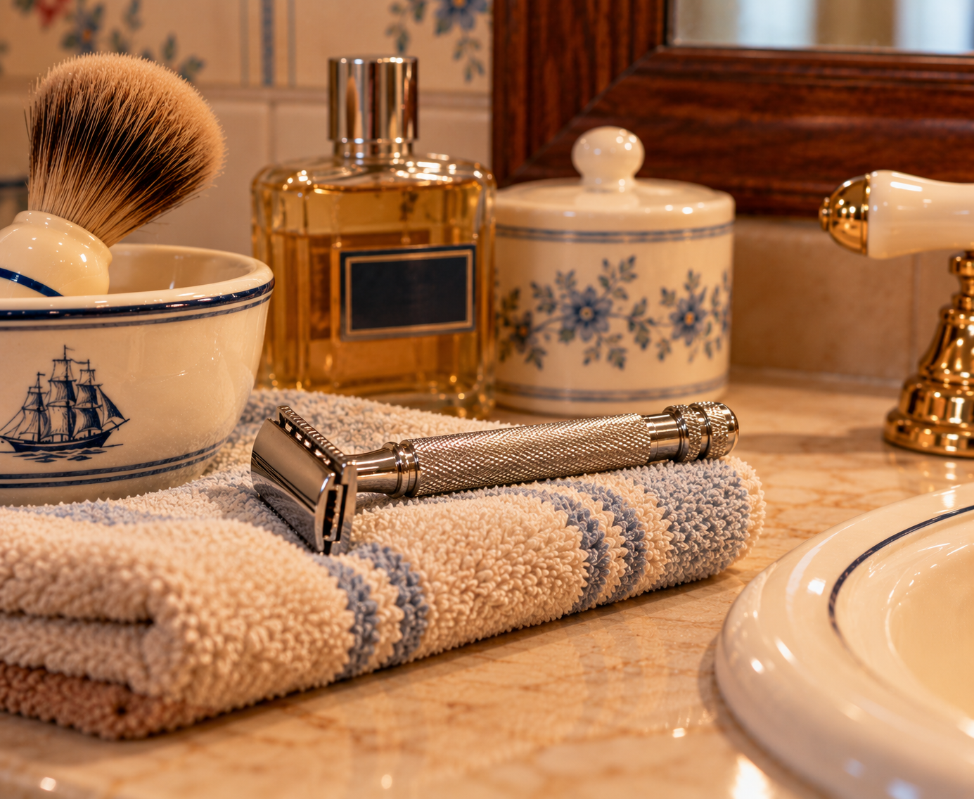 A silver safety razor rests on a striped towel beside a shaving brush, aftershave, and ceramic containers on a bathroom counter with floral tiles and a gold faucet.
