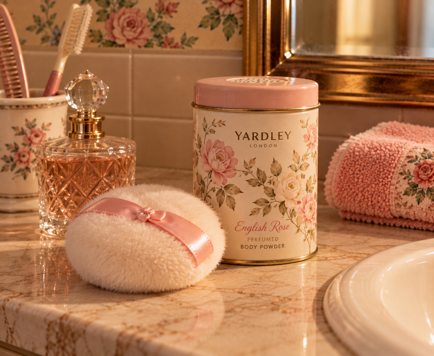 A tin of Yardley English Rose body powder with a puff sits on a marble bathroom counter, next to a pink towel, perfume bottle, and floral accessories. Vintage floral decor is visible in the background.
