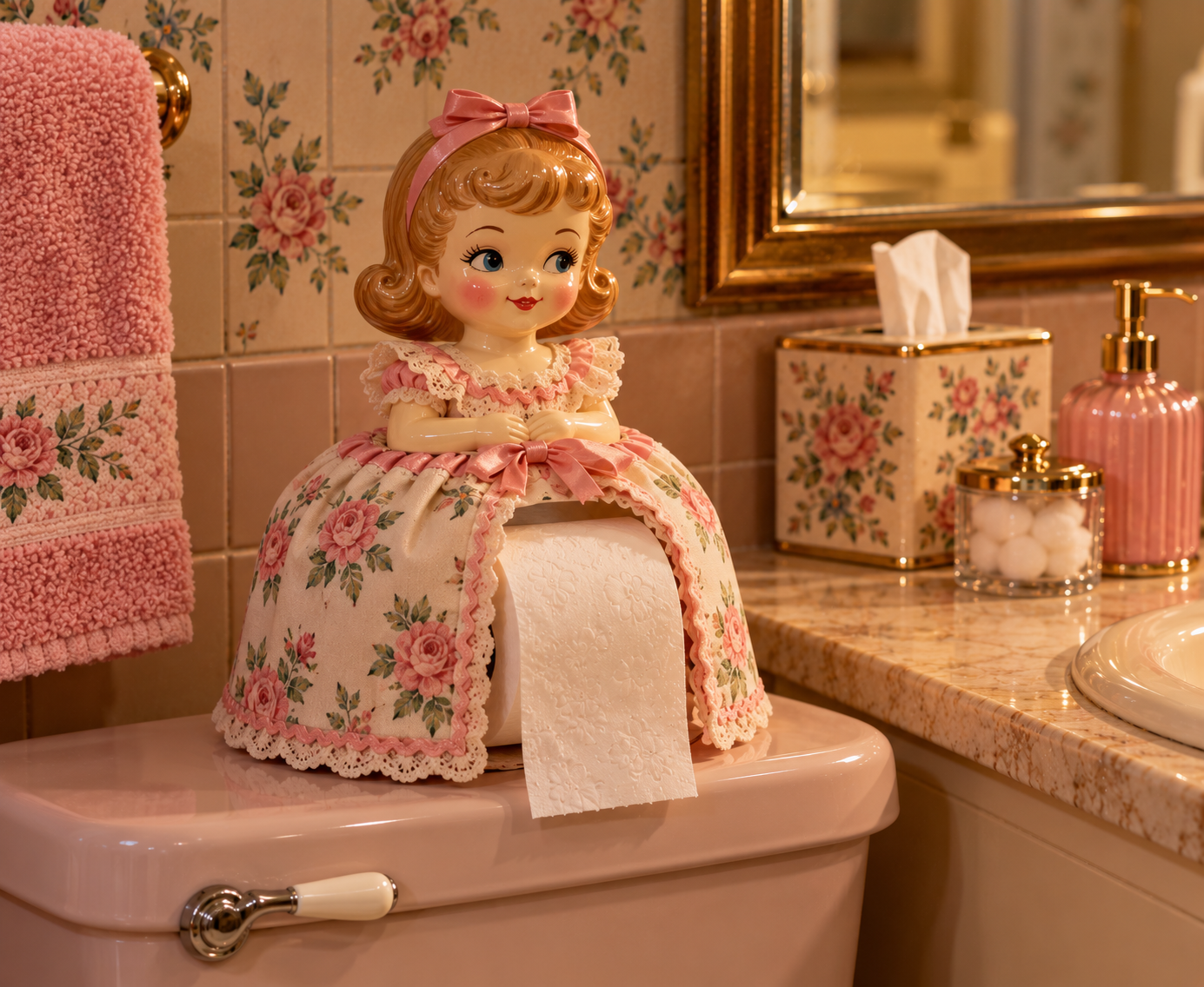 A vintage doll toilet paper cover with a floral dress sits on a pink toilet tank in a bathroom with pink floral decor, towels, and a matching tissue box.
