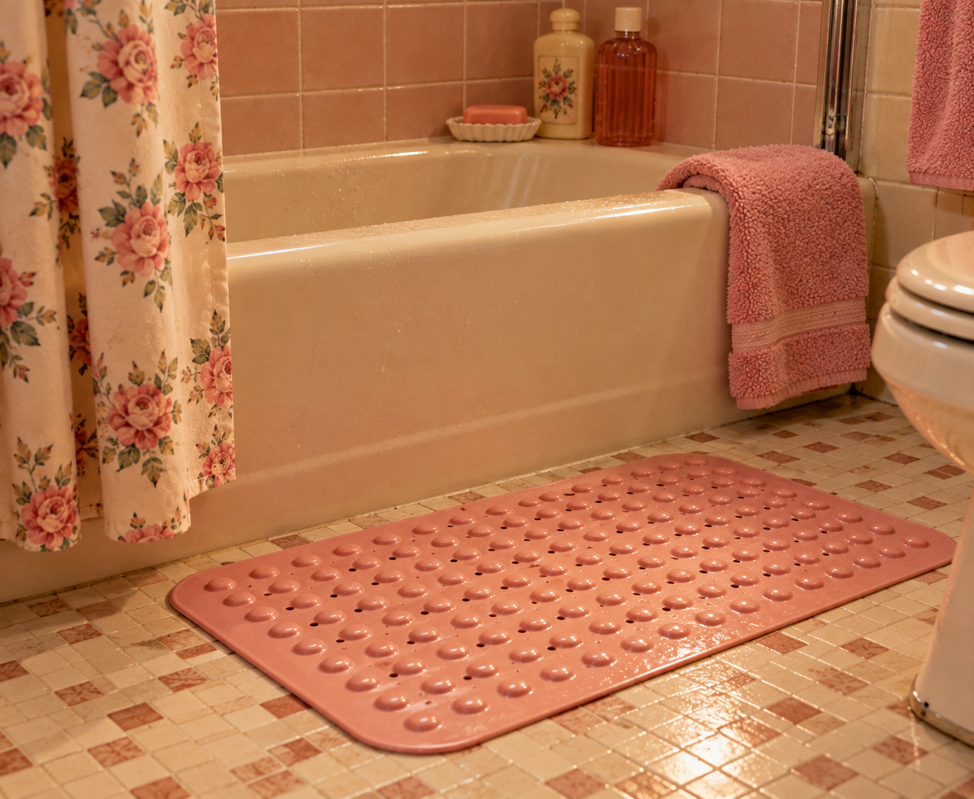 Vintage bathroom with a pink floral shower curtain, pink tiled tub, matching pink towels, a pink bath mat with raised circles, and two pastel bottles on the tub’s corner. The floor has a mosaic tile pattern.