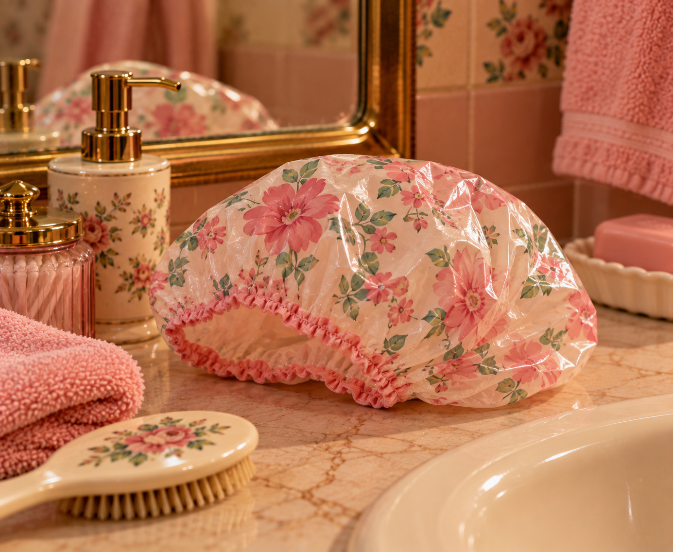 A floral shower cap sits on a marble bathroom counter next to a pink towel, floral brush, soap, lotion dispenser, and lidded jar, with a mirror and pink-tiled wall in the background.