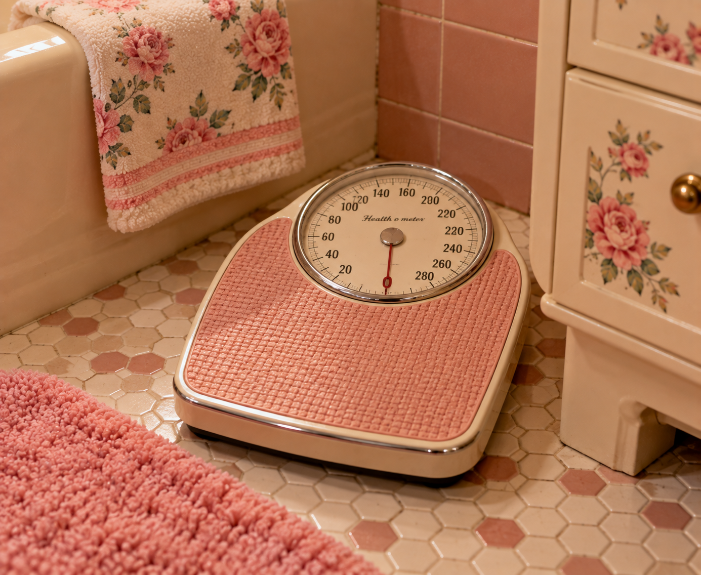 A pink bathroom scale sits on hexagonal tiles beside a pink rug, a floral towel draped over a bathtub, and a cream-colored cabinet decorated with rose patterns.