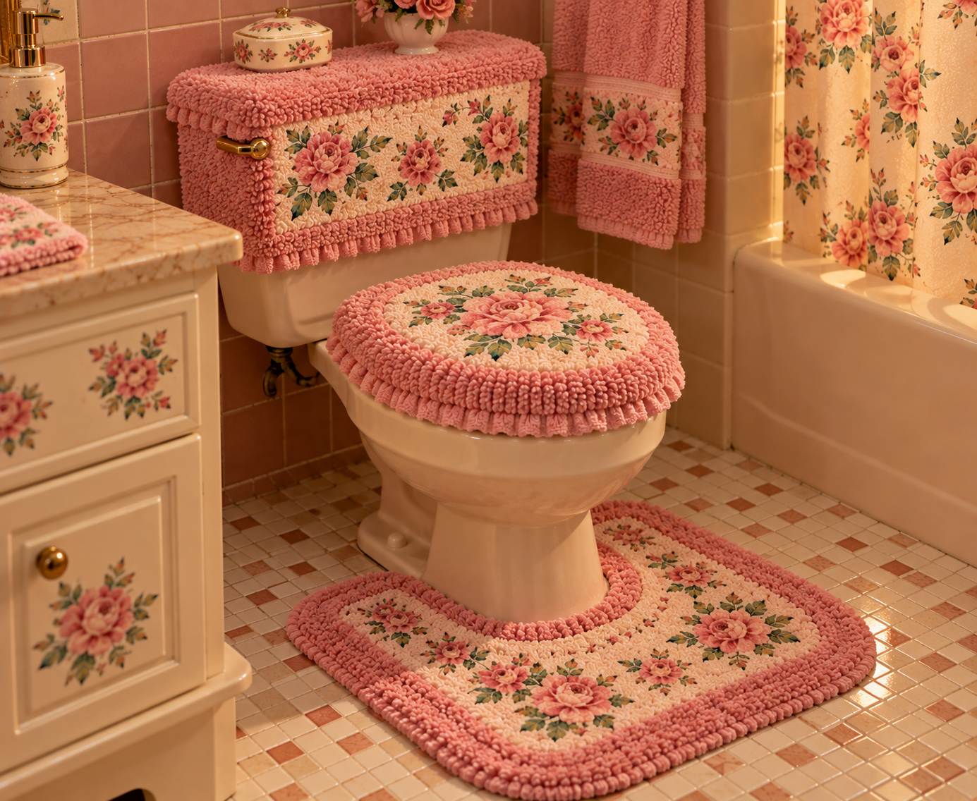 A vintage bathroom with pink and floral decor, including a toilet seat cover, tank cover, rug, and towels, all featuring pink flowers. The tile floor and walls are in matching pastel tones.