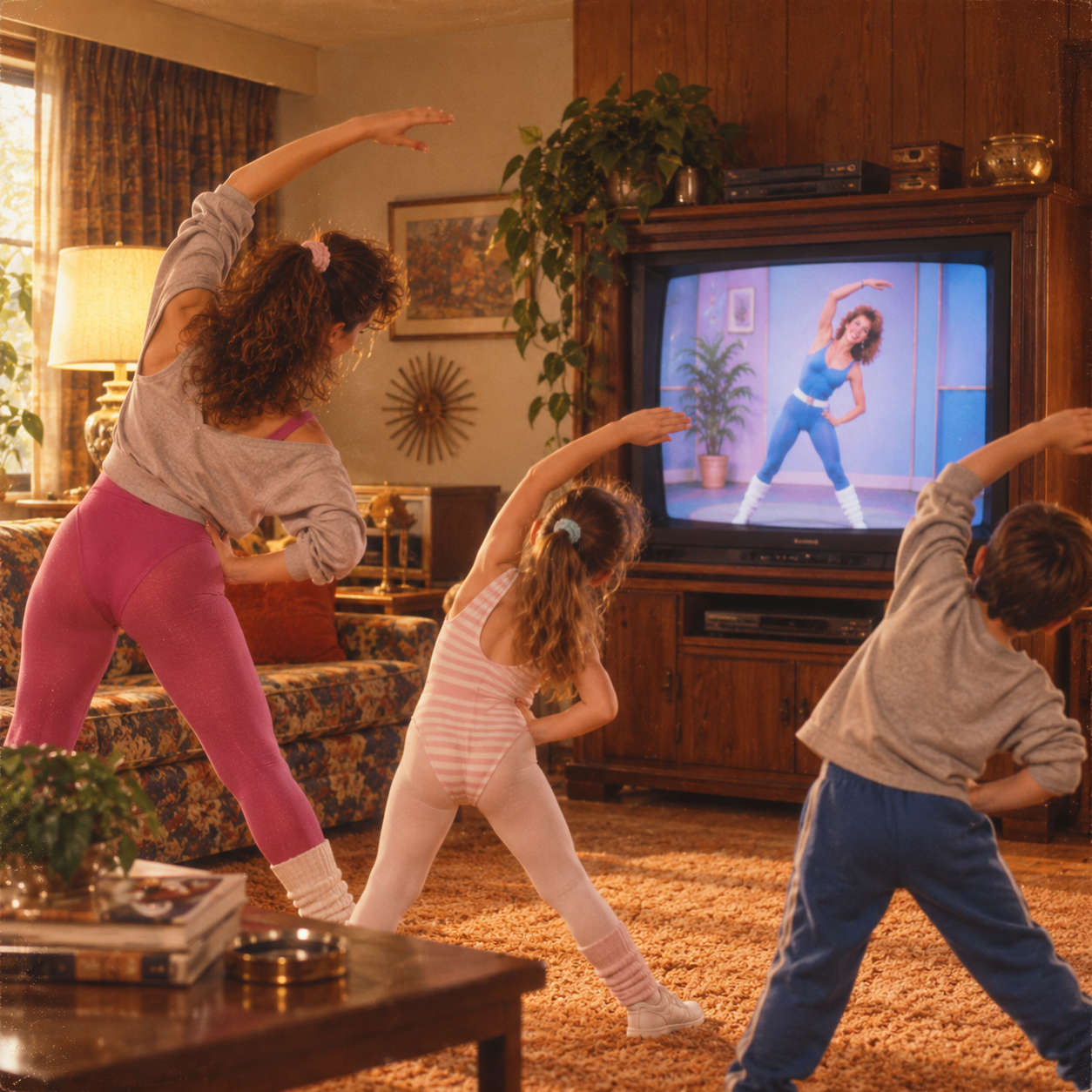 A woman and two children in workout clothes do aerobics in a living room while following an instructor on a TV screen. The room has warm lighting, vintage decor, and a carpeted floor.