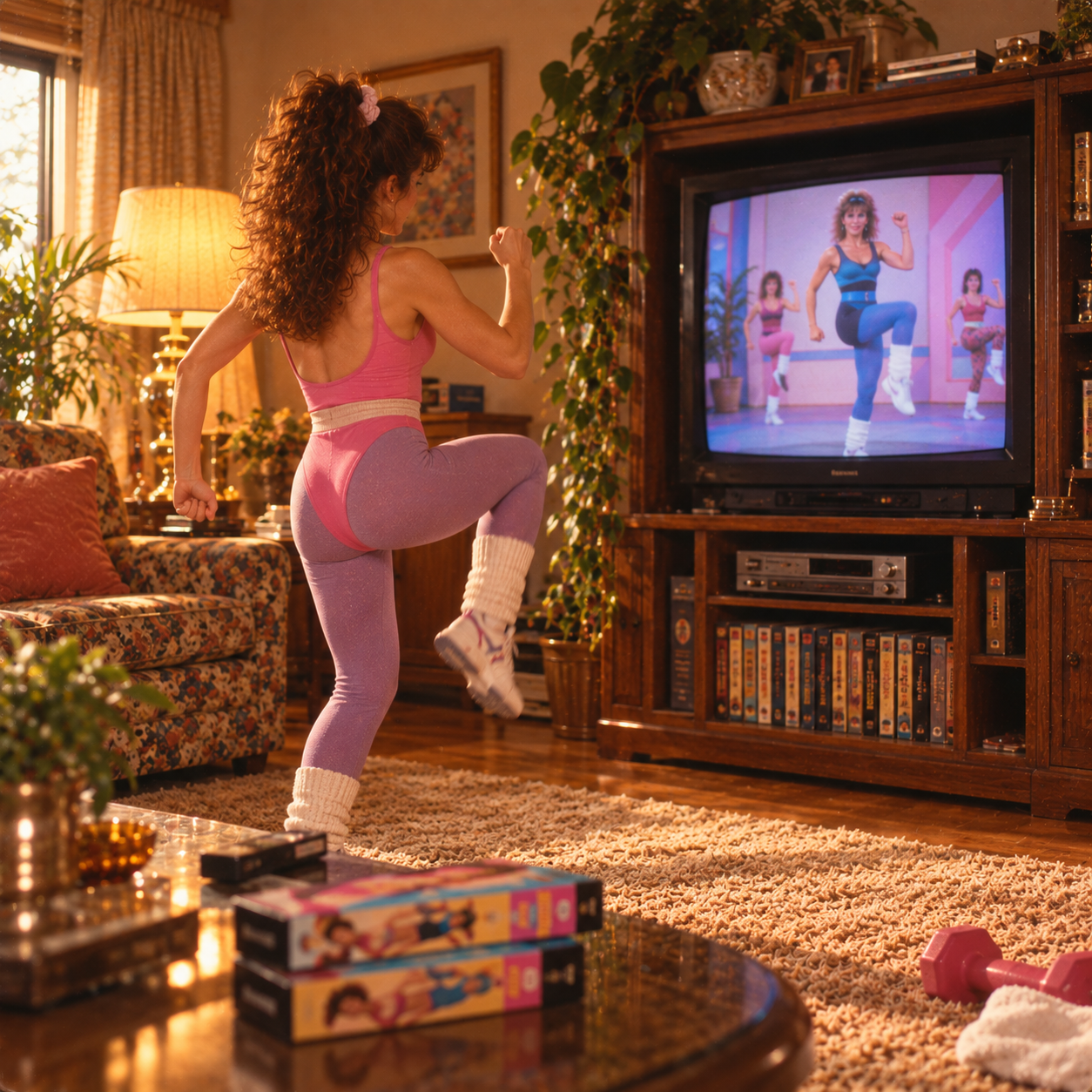 A woman in 1980s workout clothes exercises in her living room, following an aerobics video on TV. VHS tapes and a dumbbell are on the table; the room is decorated with floral furniture and framed photos.
