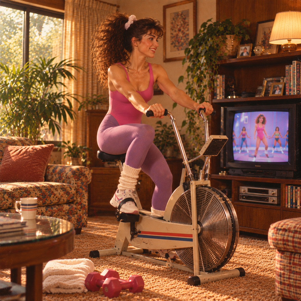 A woman with 1980s-style hair and a pink leotard rides a stationary exercise bike in a retro-decorated living room. She is watching an aerobics workout program on a TV set while weights rest on the carpeted floor nearby.