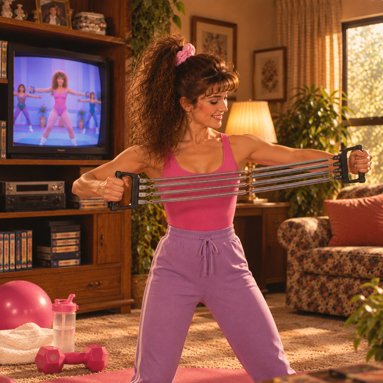 Woman in 80s workout clothes uses resistance bands in a retro living room, with an aerobics video playing on the TV. Exercise gear and bright decor complete the vintage fitness scene.
