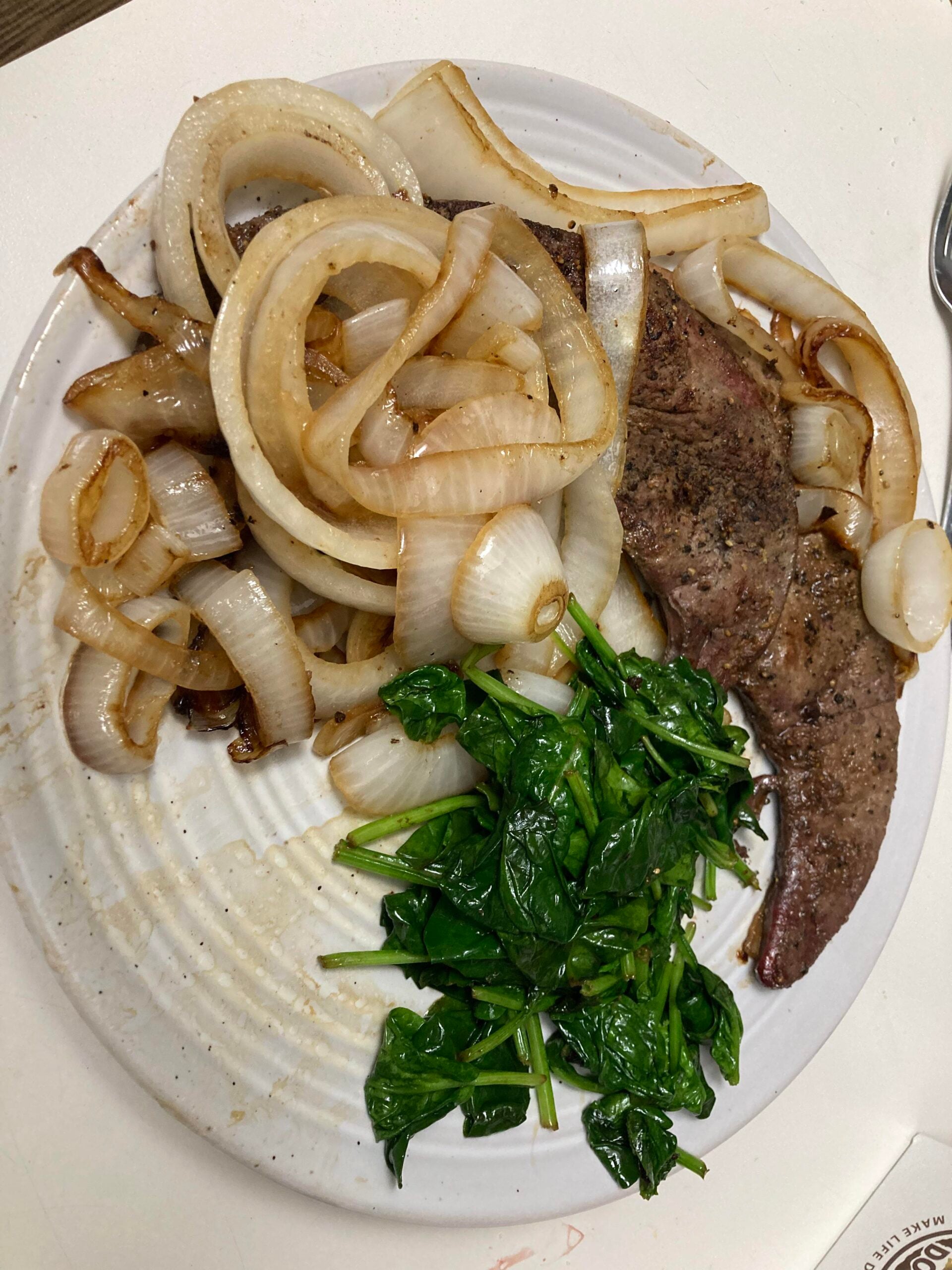 A plate with cooked onions, sautéed spinach, and two pieces of seasoned liver. The onions are slightly browned, and the spinach is bright green. The food is arranged on a white plate.