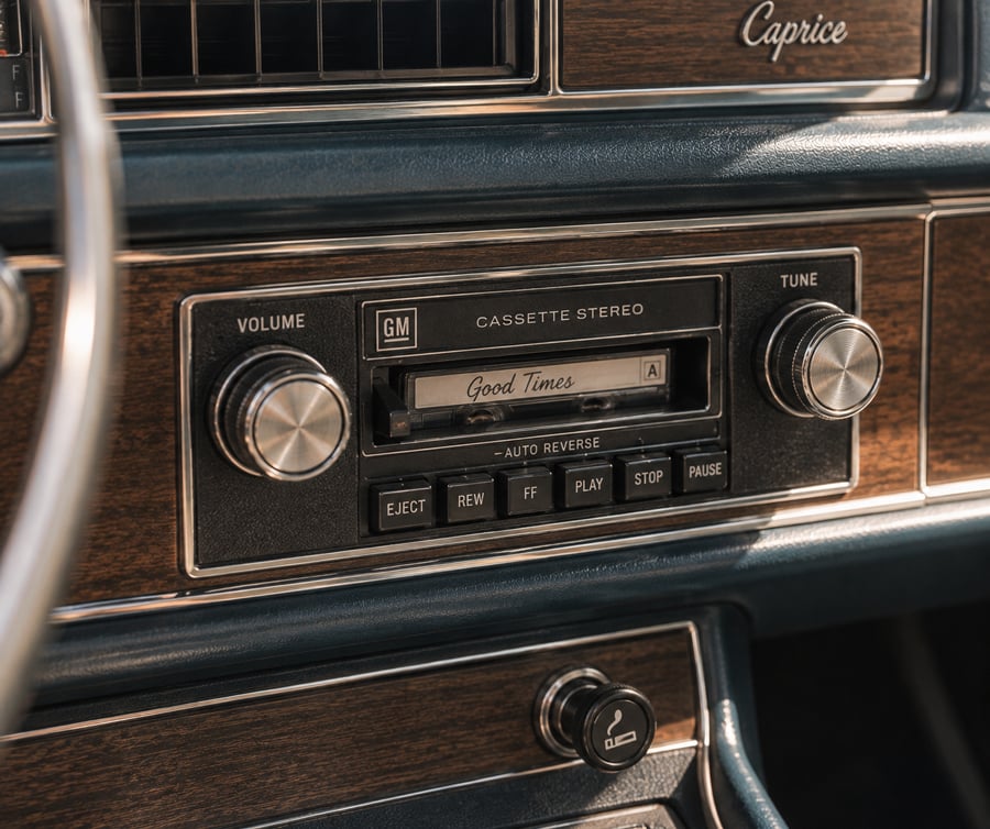 Close-up of a vintage car cassette stereo with wood paneling, labeled buttons, and a cassette tape labeled “Good Times” inserted. The word “Caprice” is visible in the upper right corner.
