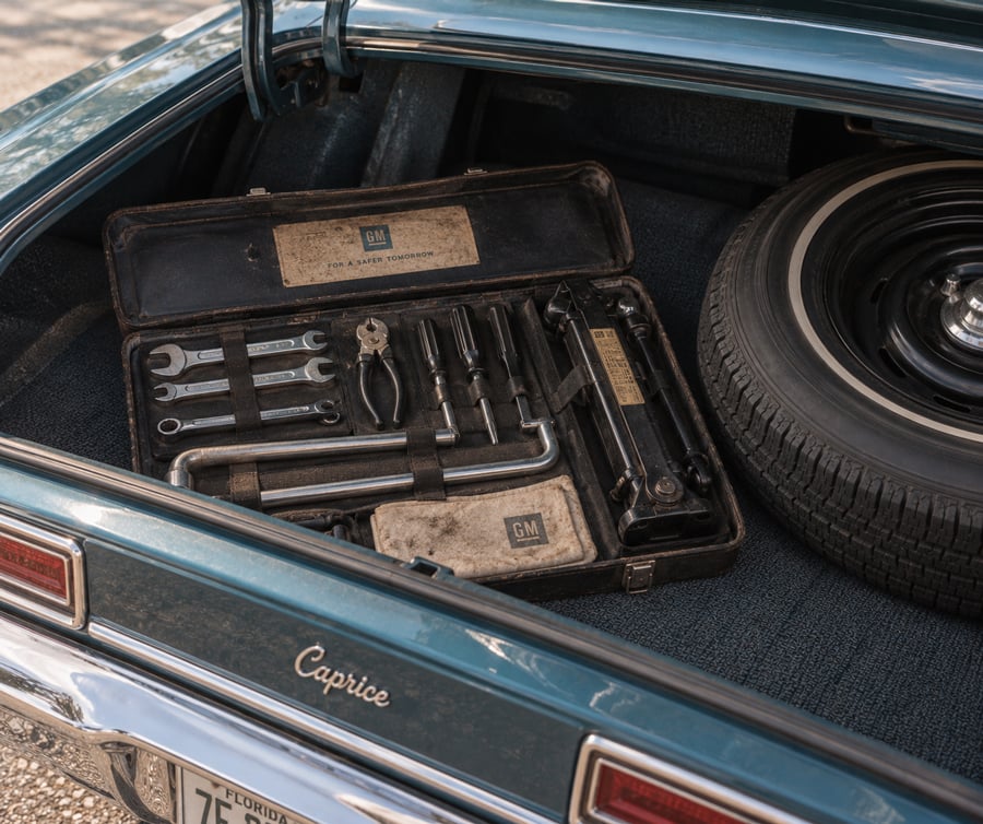 An open car trunk shows a GM tool kit with wrenches, pliers, and a jack, next to a spare tire. The car is a blue Chevrolet Caprice.