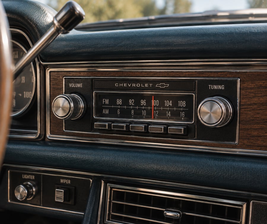 Close-up of a vintage Chevrolet car radio dashboard, showing tuning and volume dials, FM/AM frequency display, wood paneling, and part of the speedometer and controls for lighter and wiper.