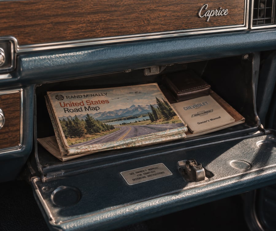 An open glove box in a vintage car holds a United States road map, a Chevrolet owner’s manual, and a small brown case. The car’s dashboard features wood paneling and the word “Caprice.”