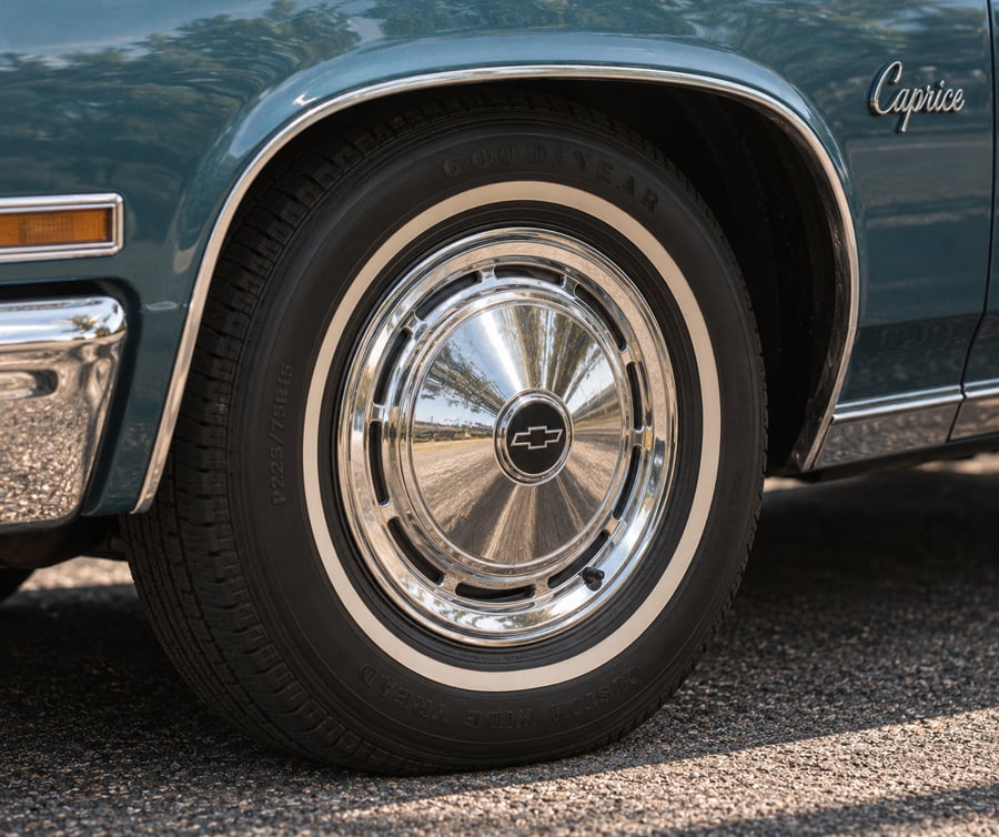 Close-up of a classic car’s front wheel with a chrome hubcap, whitewall tire, and “Caprice” script visible on the blue-green fender. The Goodyear branding is on the tire.