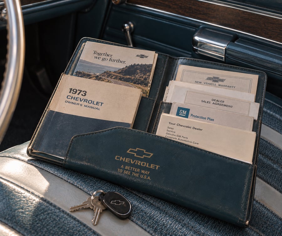 A Chevrolet folder with a 1973 owner’s manual, warranty papers, and brochures sits on a car seat. Chevrolet car keys with a keychain are next to it. The car’s interior and steering wheel are visible.