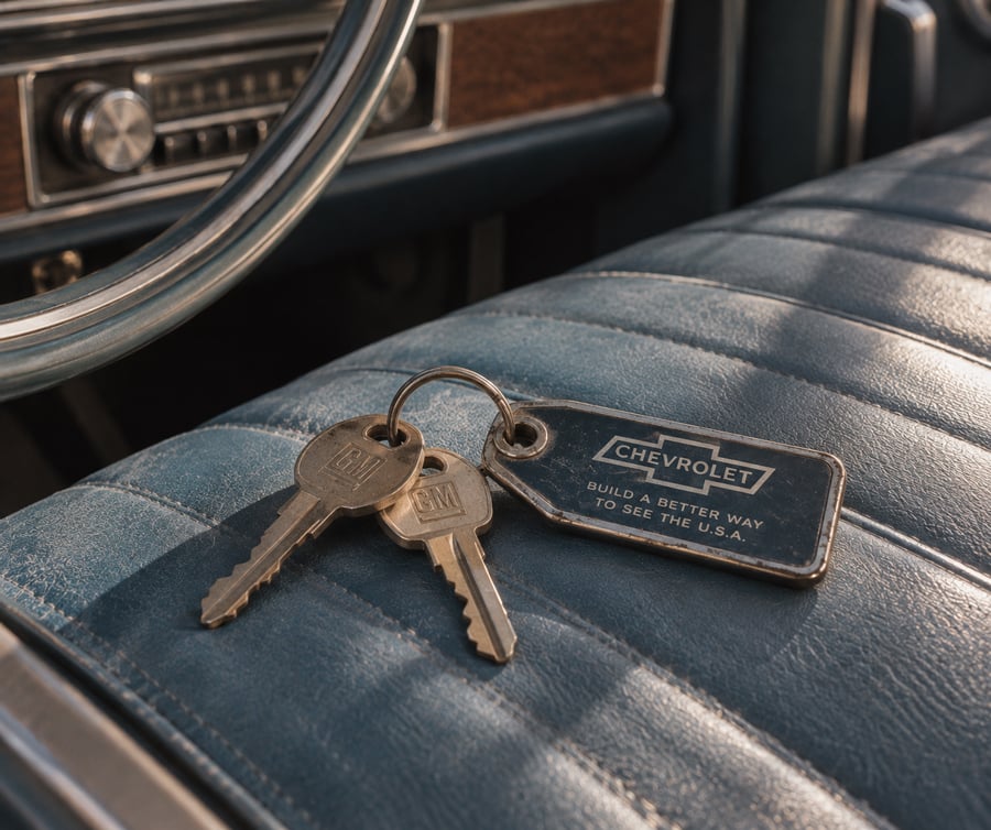 Two vintage car keys on a metal ring with a Chevrolet keychain rest on a blue leather car seat. A steering wheel and dashboard with wood paneling are visible in the background.