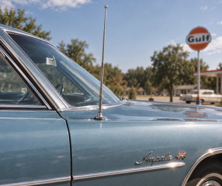 A close-up of a blue vintage Chevy Impala with an antenna raised, parked near a Gulf gas station. Trees and a sunny sky appear in the background.