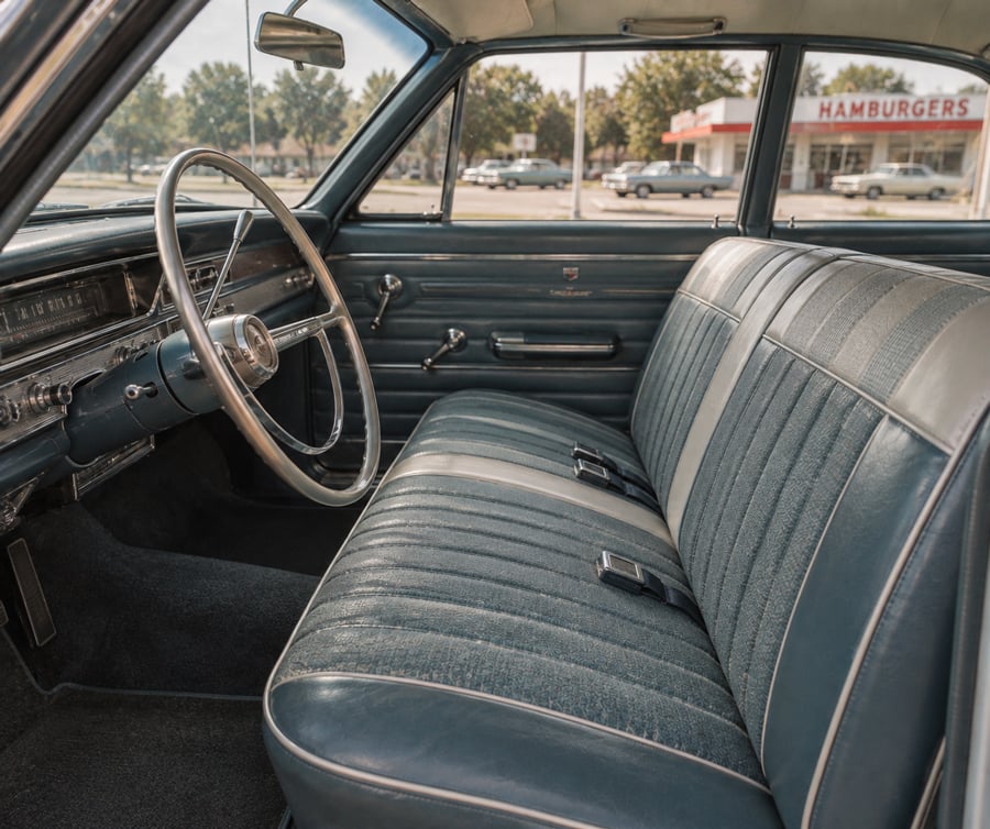 The interior of a classic vintage car with a blue bench seat, steering wheel, and dashboard; outside the window, a hamburger restaurant and parked cars are visible.