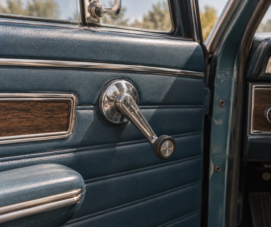 Close-up of a classic car’s blue interior door panel with a manual window crank, chrome and wood accents, and the door slightly open.