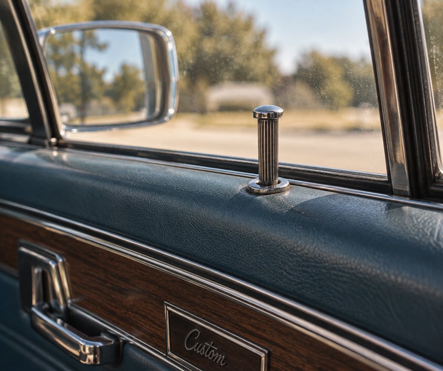 Close-up of a vintage car door interior with blue upholstery, wood trim, a chrome lock knob, and a side mirror reflecting trees outside. The word “Custom” is visible on a metal nameplate.