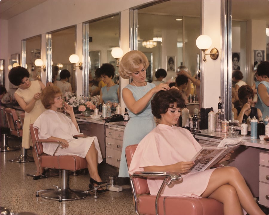 Three women sit in pink salon chairs while two stylists work on their hair. One woman reads a magazine. The salon has large mirrors, lighted sconces, and various hair products visible on the counter.