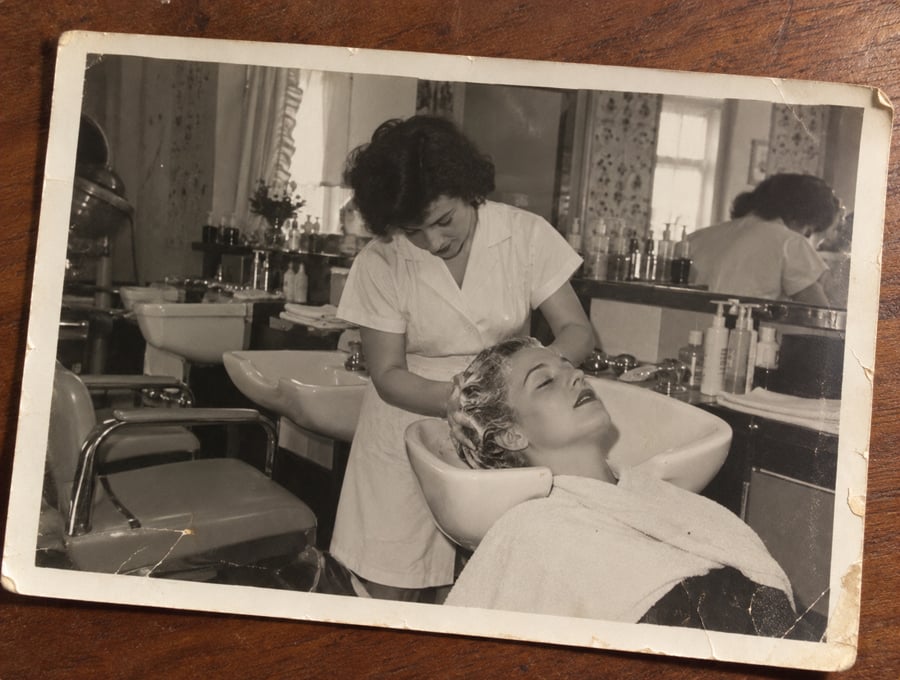 A vintage black-and-white photo shows a woman washing another woman’s hair at a salon sink. Both are surrounded by salon chairs and mirrors, with shelves of hair products in the background.