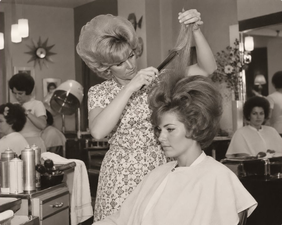 A hairdresser teases a woman’s hair in a busy 1960s salon, surrounded by hairspray cans, mirrors, and other customers seated under hair dryers.