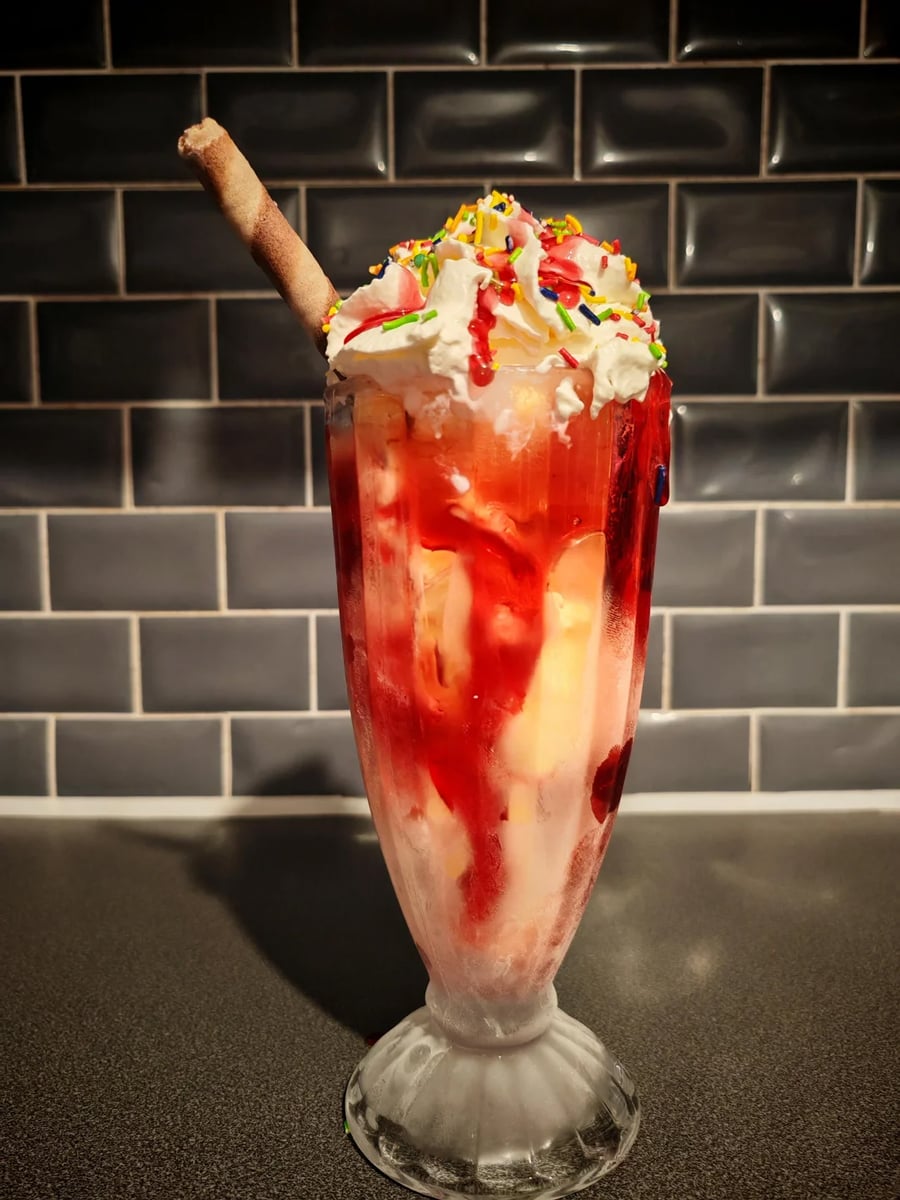 A tall glass sundae with vanilla ice cream, whipped cream, strawberry sauce, colorful sprinkles, and a wafer stick, set against a dark tiled background.
