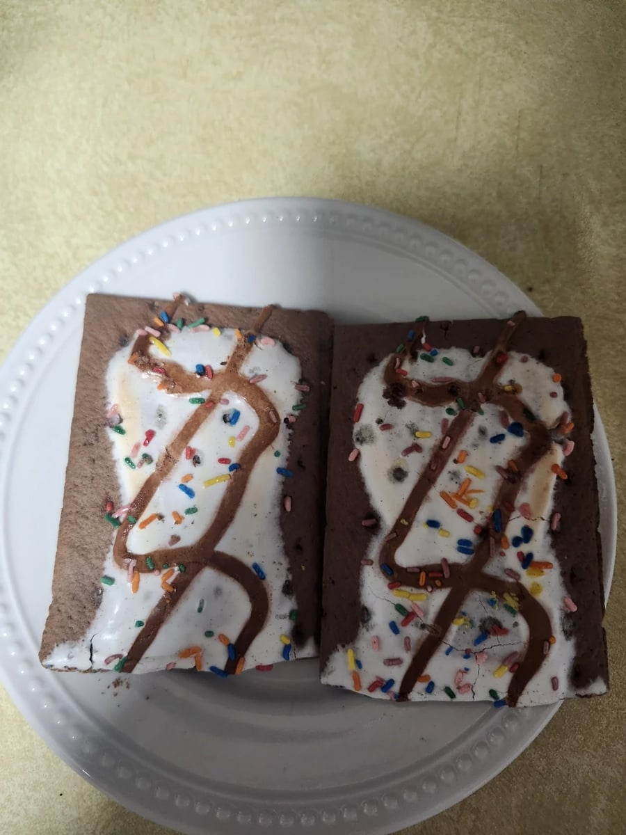 Two chocolate Pop-Tarts with white icing, colorful sprinkles, and chocolate drizzle sit side by side on a white plate with a light textured background.
