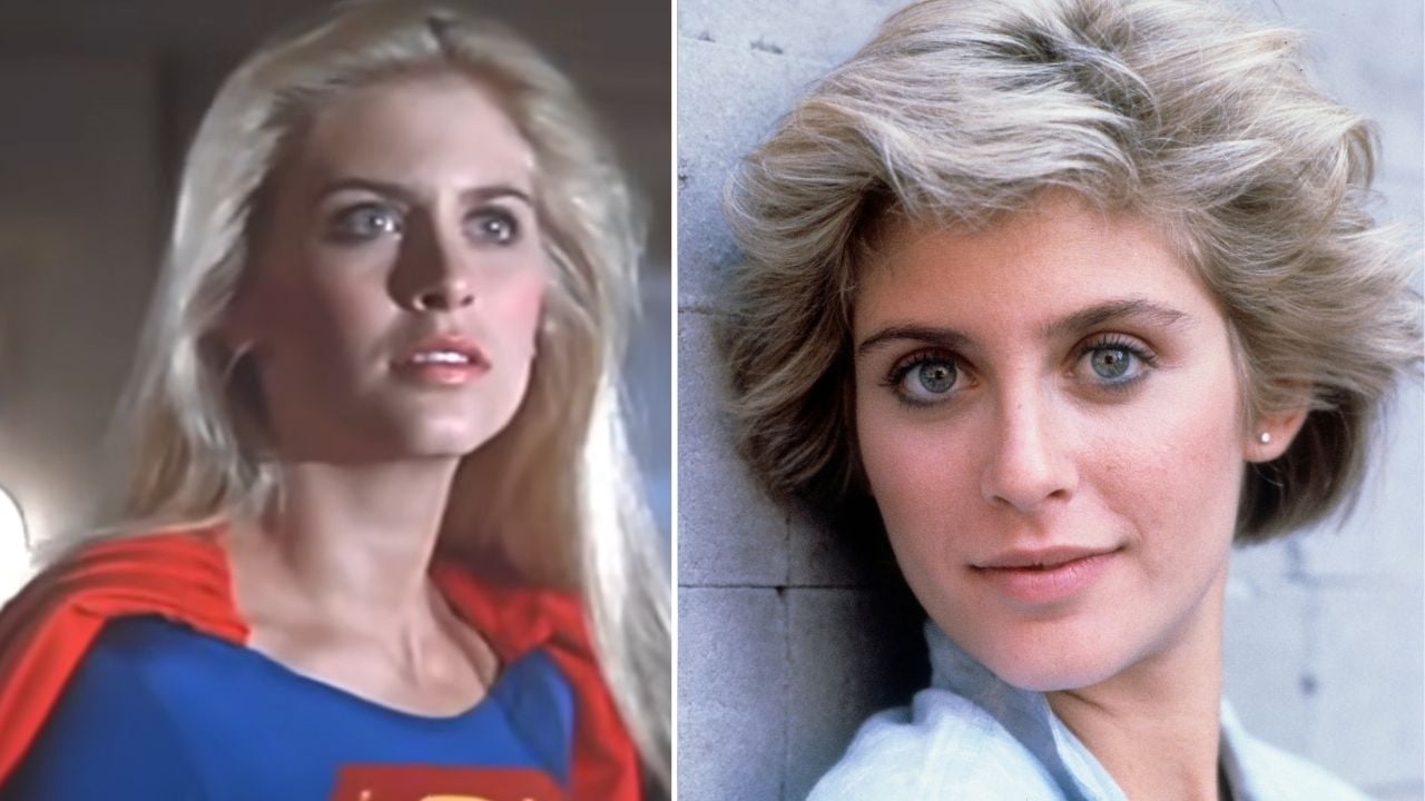 Split image: Left side shows a woman in a Supergirl costume with blonde hair and a focused expression. Right side is a close-up of the same woman with short blonde hair and a soft smile.