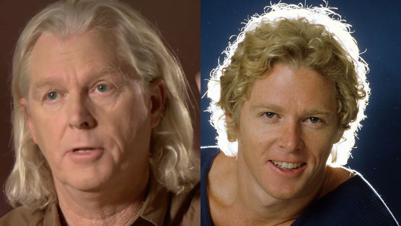 Side-by-side portraits of the same man at different ages: left, older with long gray hair; right, younger with curly blond hair, smiling against a dark background.