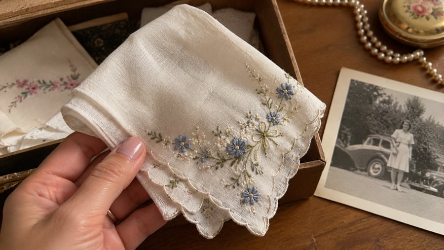 A hand holds a delicate, embroidered handkerchief with blue and white flowers beside a wooden box, vintage photo, pearls, and compact on a wooden surface.