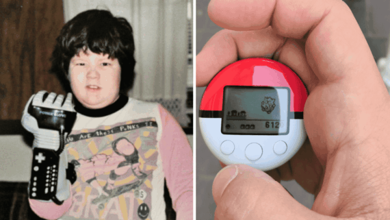 A split image showing a child wearing a Nintendo Power Glove on the left and a hand holding a Pokémon Pokéwalker device on the right.