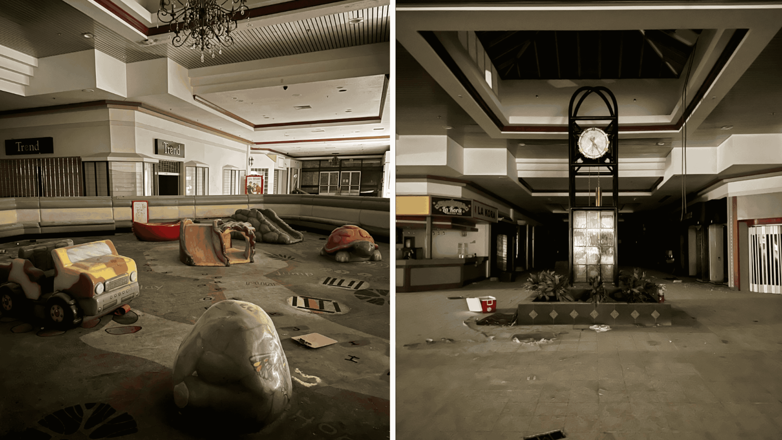 A split image of an abandoned mall showing a children’s soft play area with ride-on toys on the left and a central clock tower in a dim corridor on the right.