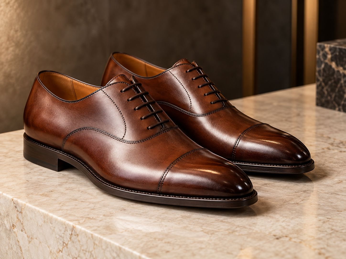 A pair of brown leather cap-toe oxford shoes sitting on a marble surface.
