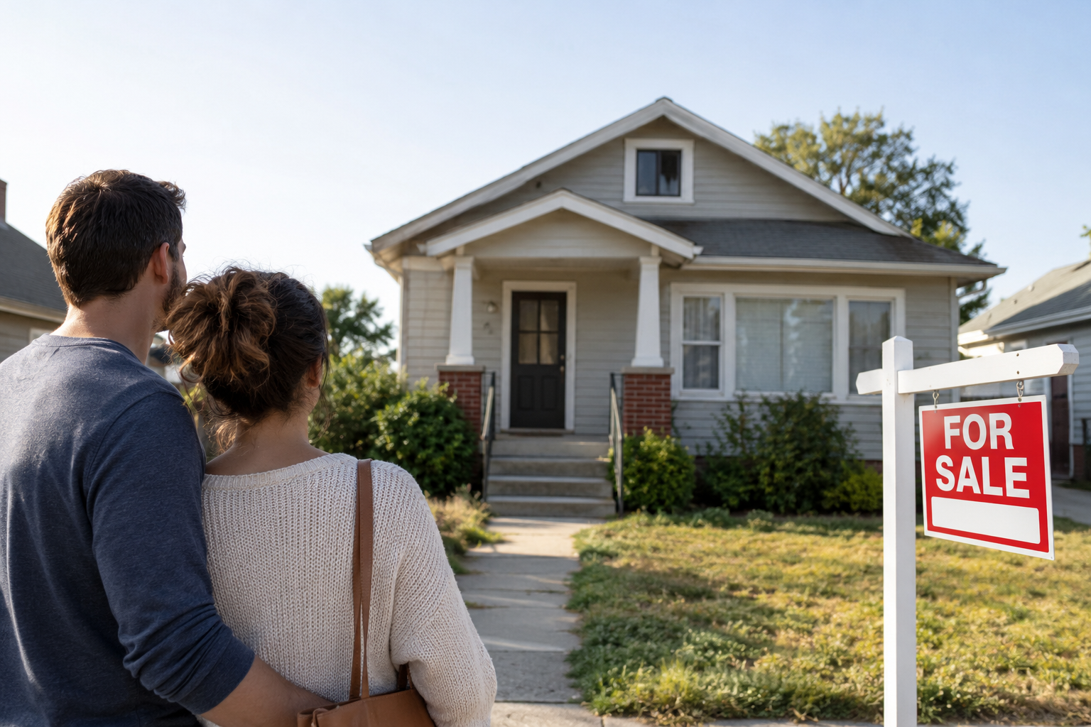 A couple stands with their arms around each other, looking at a house with a “For Sale” sign in the front yard.