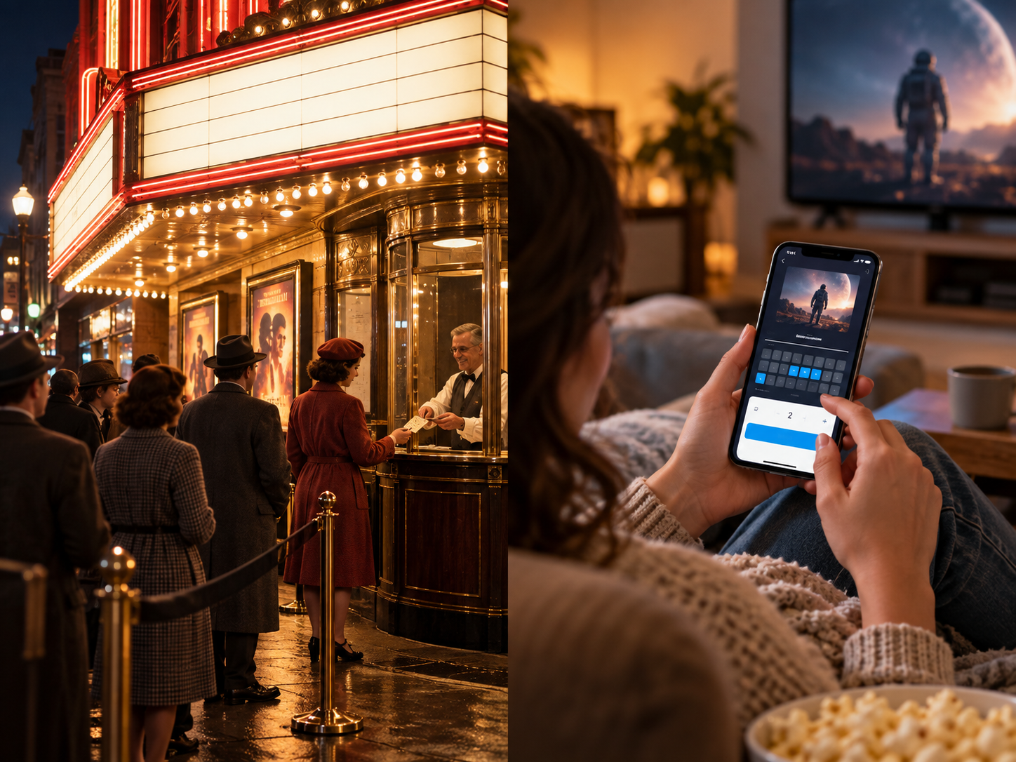 A split-screen image showing a 1940s-style theater ticket line on the left and a person in a modern living room using a smartphone to book movie tickets on the right.