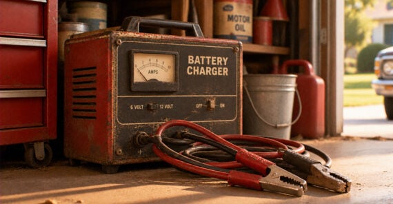 A portable battery charger with an analog amp meter and jumper cables sitting on a garage floor.