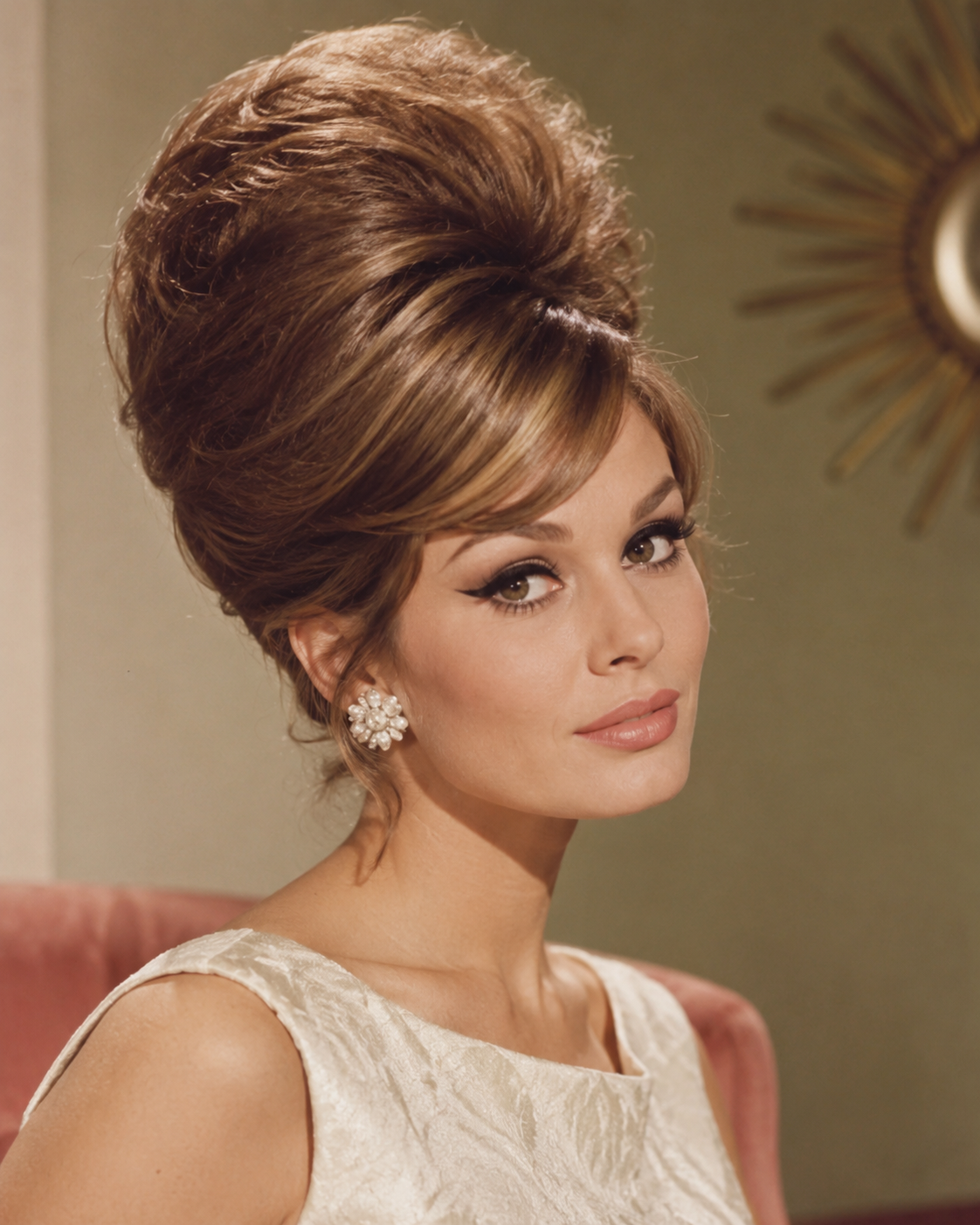 A woman with a high beehive hairstyle wearing floral-shaped stud earrings and a light-colored dress.