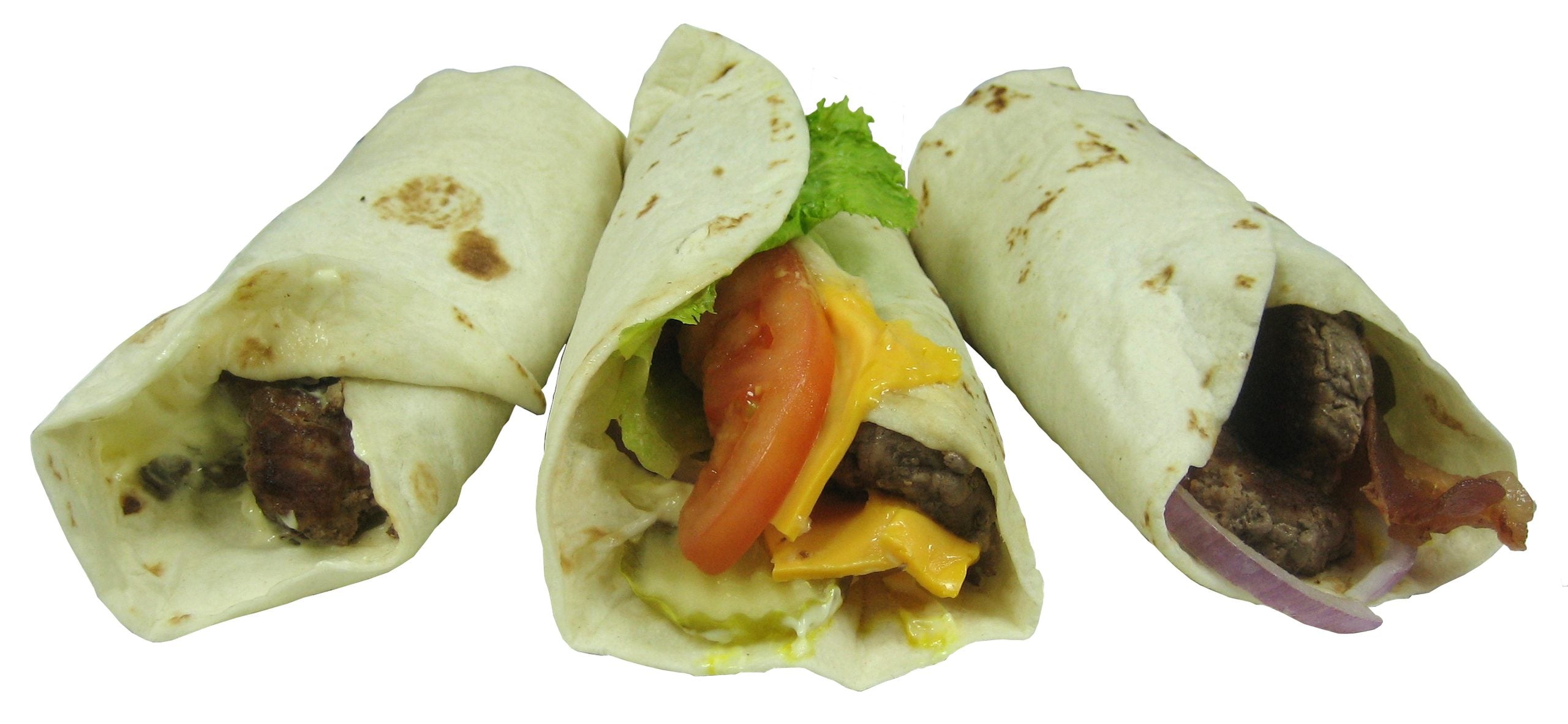 Three flour tortilla wraps, two containing meat and one filled with a burger patty, cheese, lettuce, tomato, and pickles.