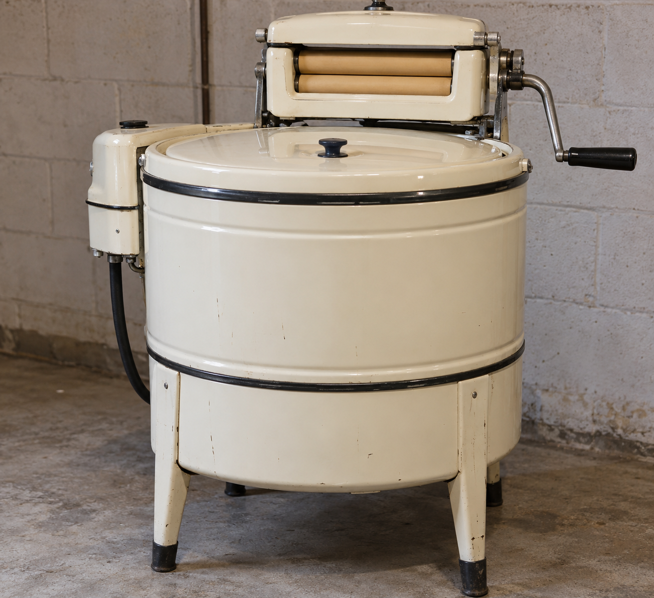 Vintage cream-colored wringer washing machine with a manual hand crank.