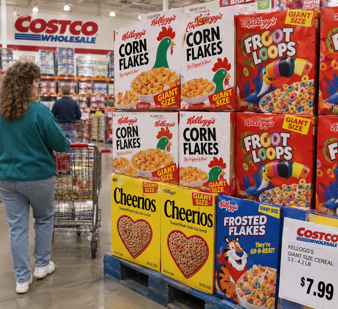 A customer pushes a shopping cart past a pallet of giant-sized boxes of Kellogg’s cereal at Costco, with a price tag for $7.99 visible.