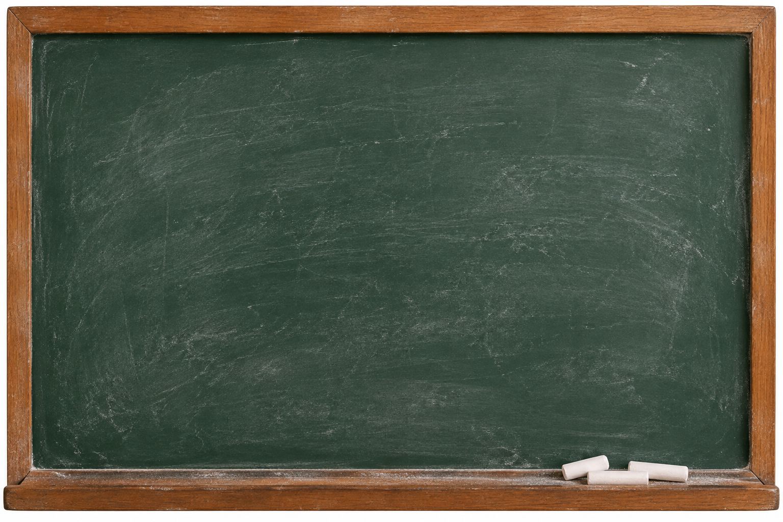 A blank green chalkboard in a wooden frame with three pieces of white chalk resting on the bottom ledge.