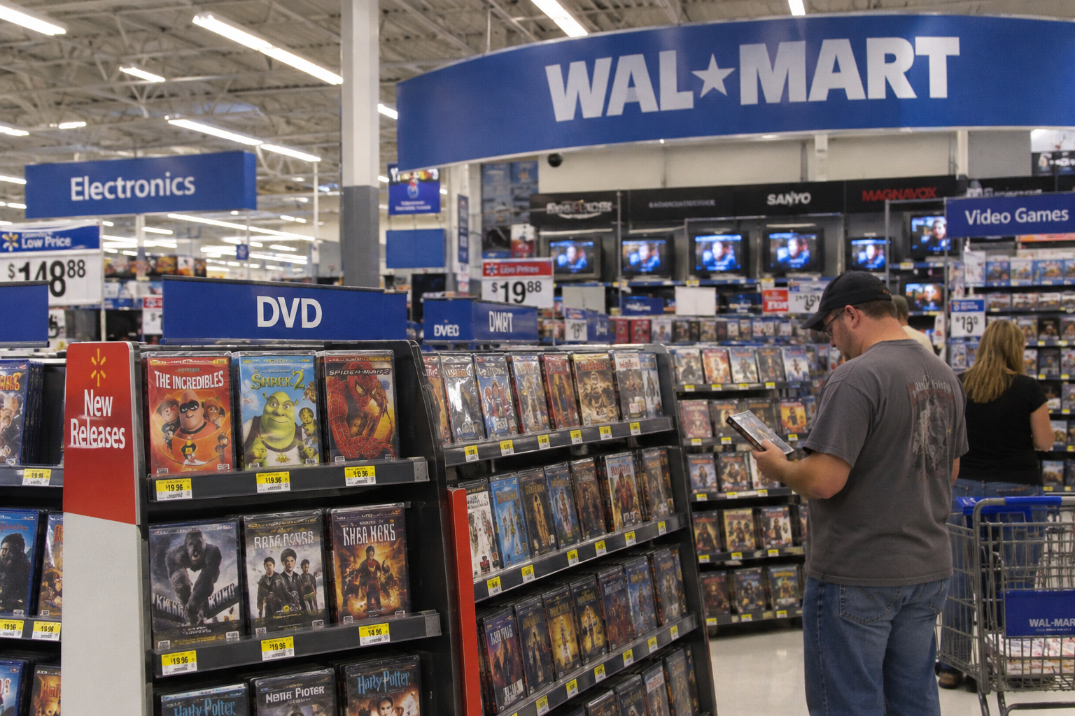 A man in a baseball cap looks at a DVD case in the electronics department of a Walmart store.